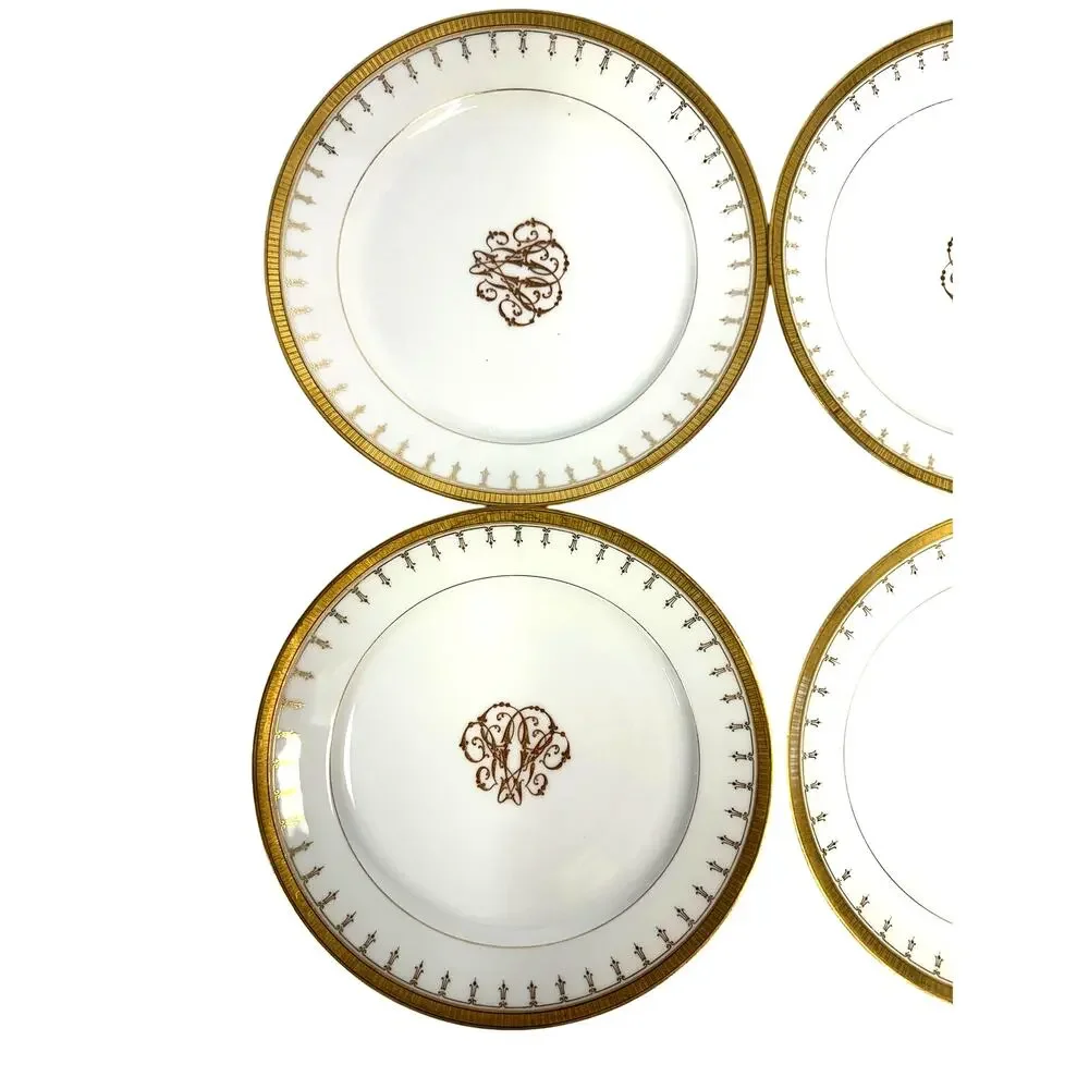 Antique Limoges Mid-1800's Porcelain Plates Elegant Gilded Design-Stunning Set 6